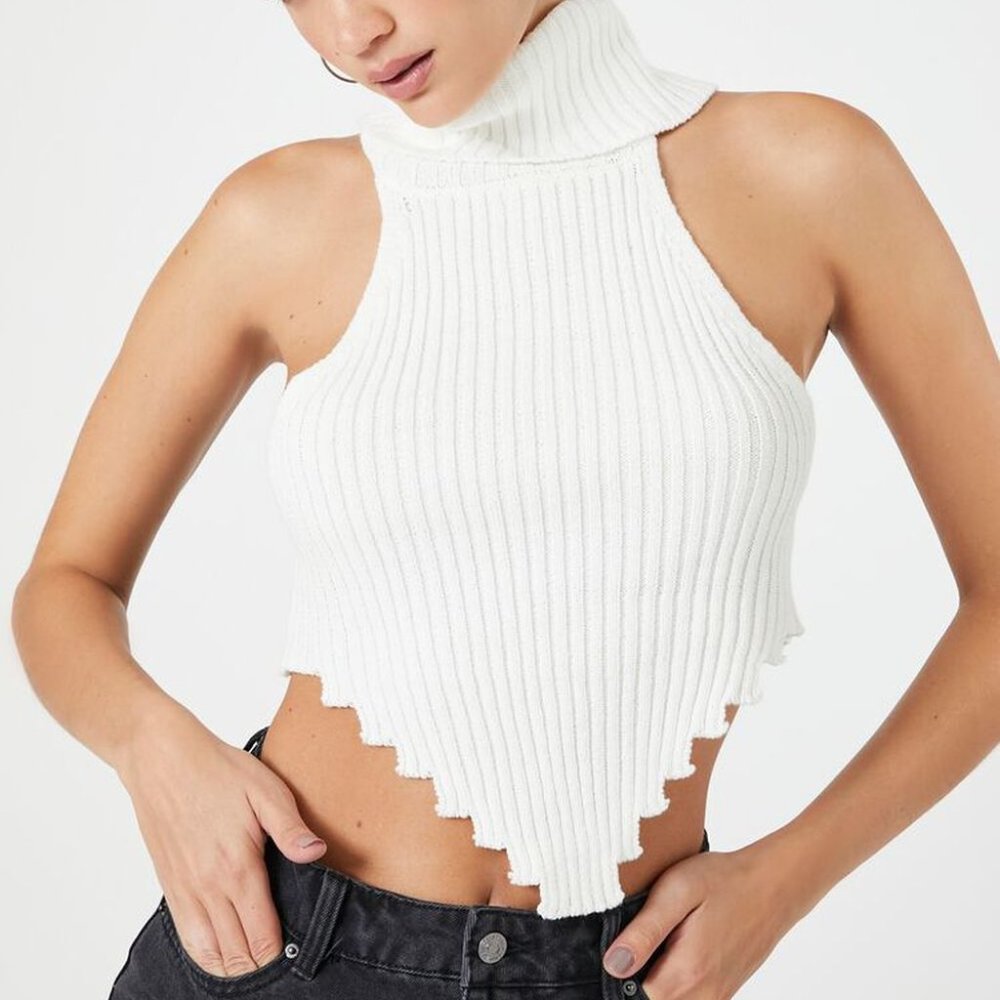 Forever 21 Sweater-Knit Turtleneck Crop Top - White - Size Small